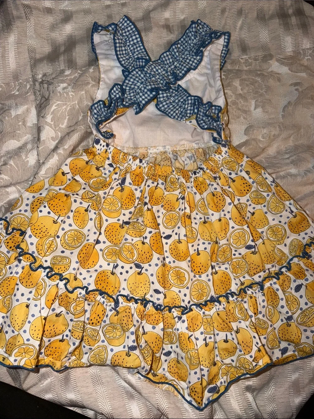 Girls Yellow Lemon Print Ruffle Sundress with Blue Gingham Trim